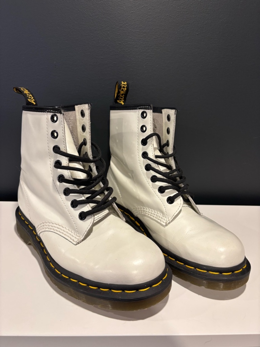 Dr. Martens White Leather Lace-Up Boots with Black Trim